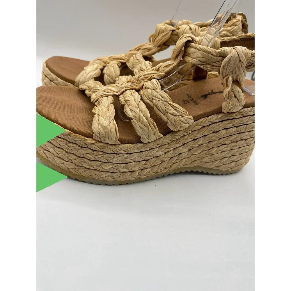 Free People Platform Sandals Beige Raffia Rendevous Braided Weave Shoes Size 10